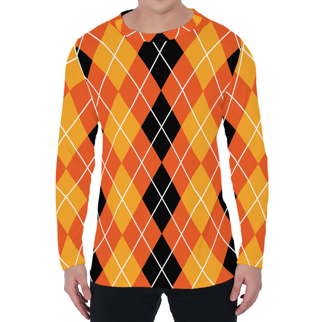 Black And Orange Argyle Pattern Print Men's Long Sleeve T-Shirt