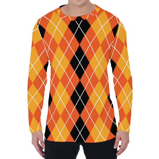 Black And Orange Argyle Pattern Print Men's Long Sleeve T-Shirt