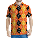 Black And Orange Argyle Pattern Print Men's Polo Shirt