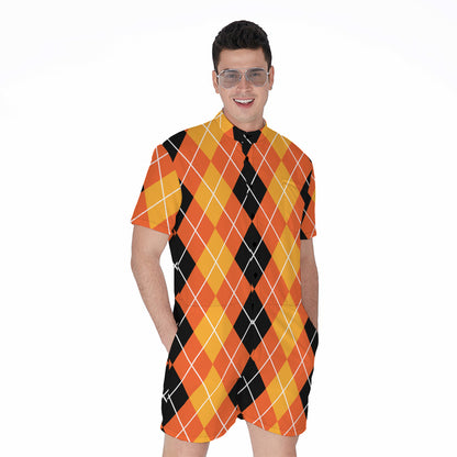 Black And Orange Argyle Pattern Print Men's Rompers
