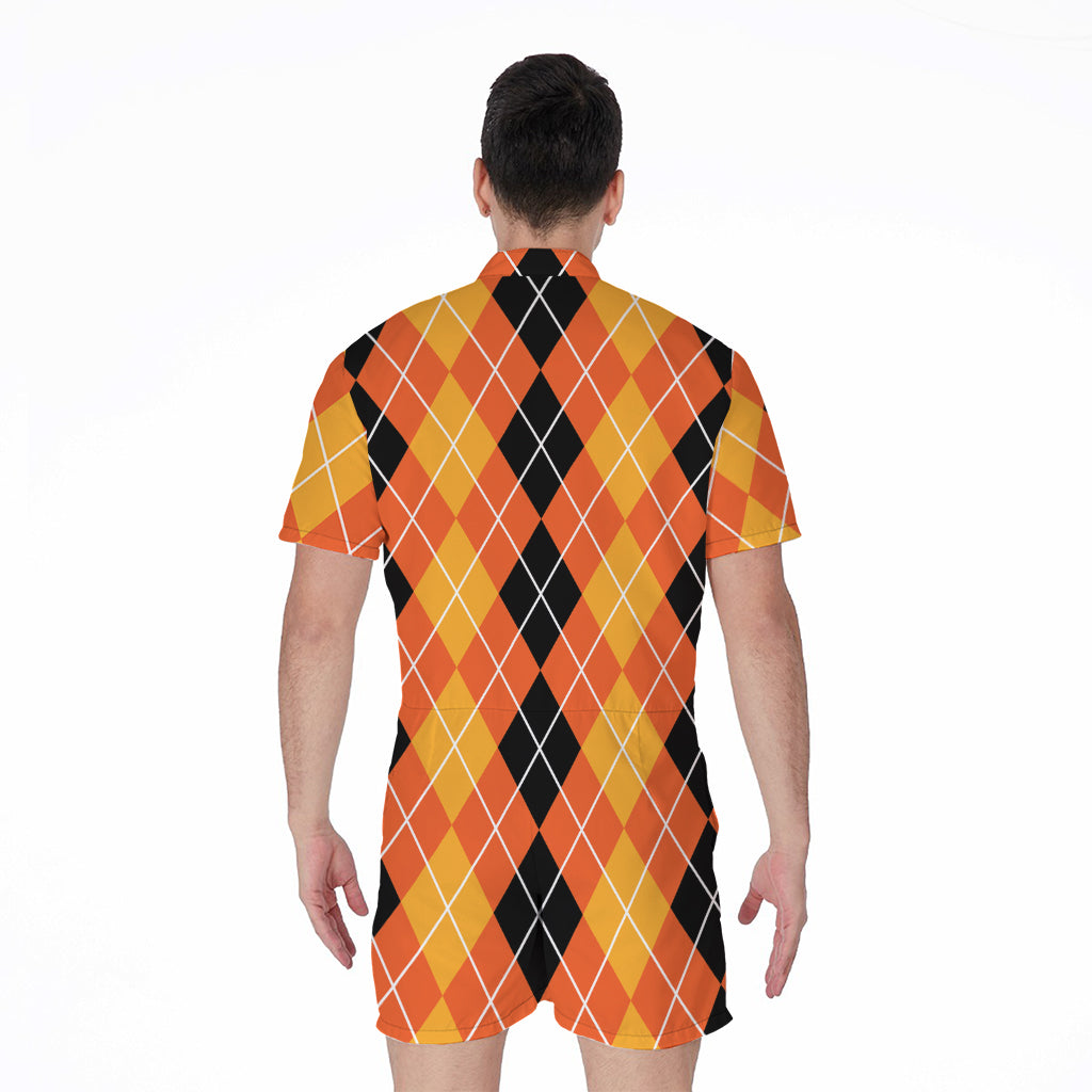 Black And Orange Argyle Pattern Print Men's Rompers