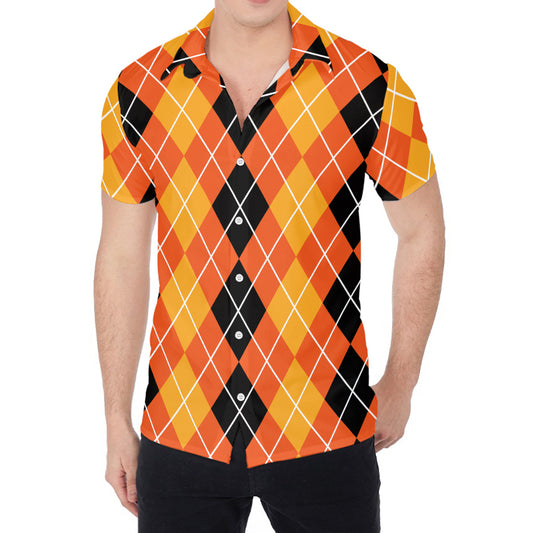 Black And Orange Argyle Pattern Print Men's Shirt
