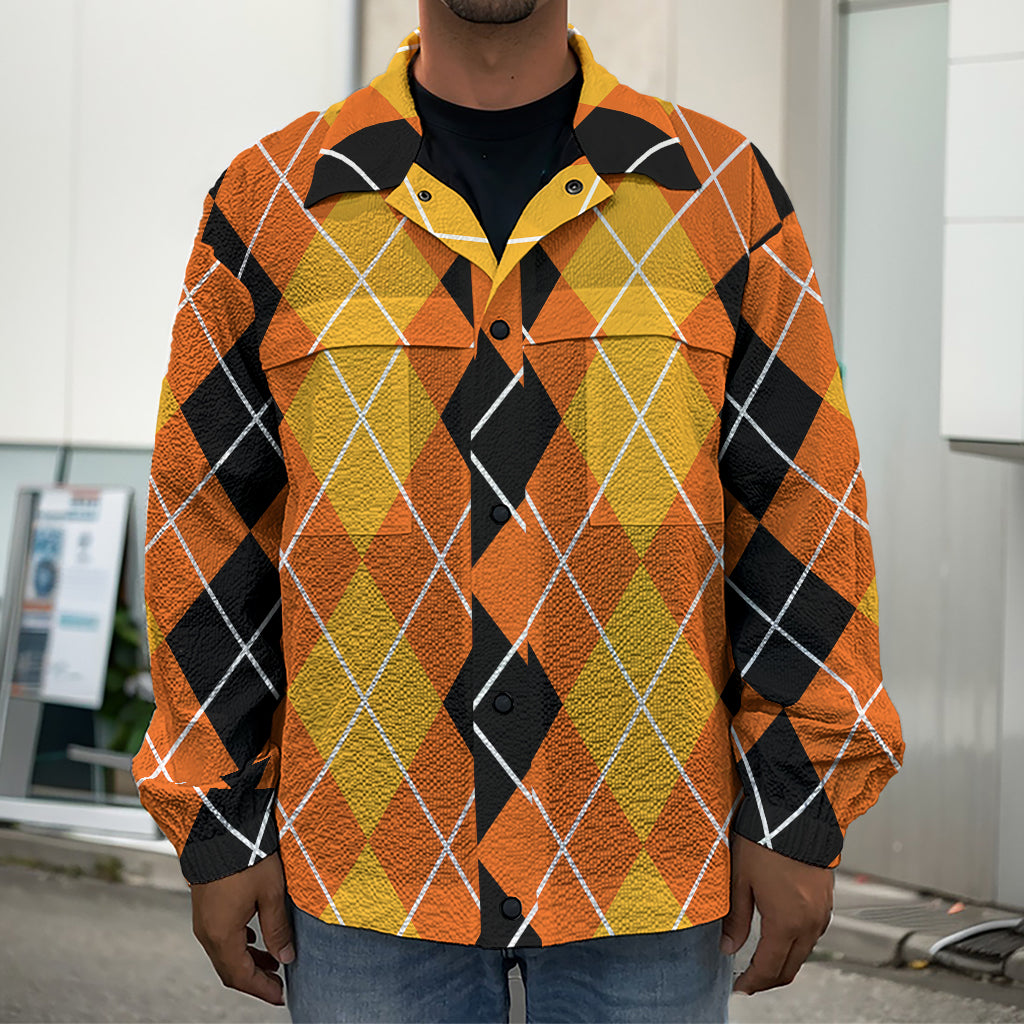 Black And Orange Argyle Pattern Print Men's Shirt Jacket