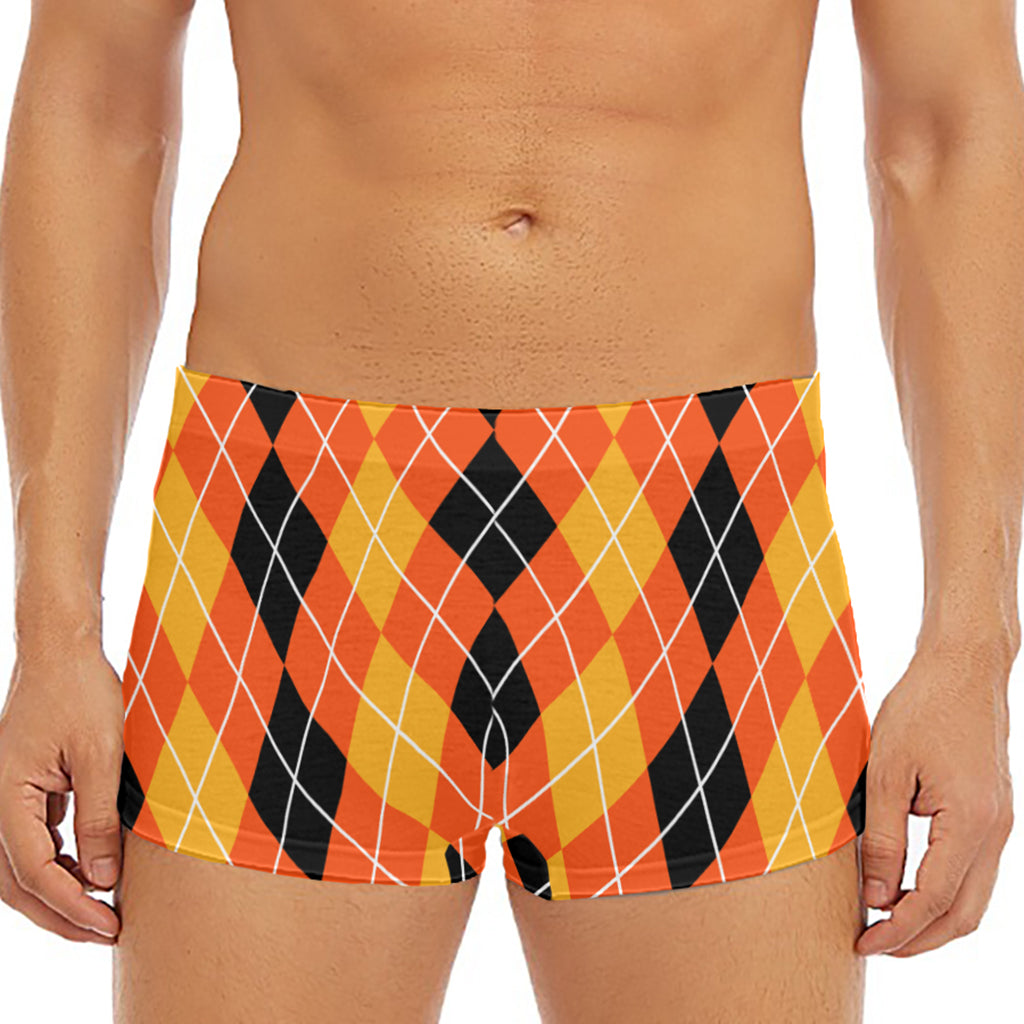 Black And Orange Argyle Pattern Print Men's Short Boxer Briefs