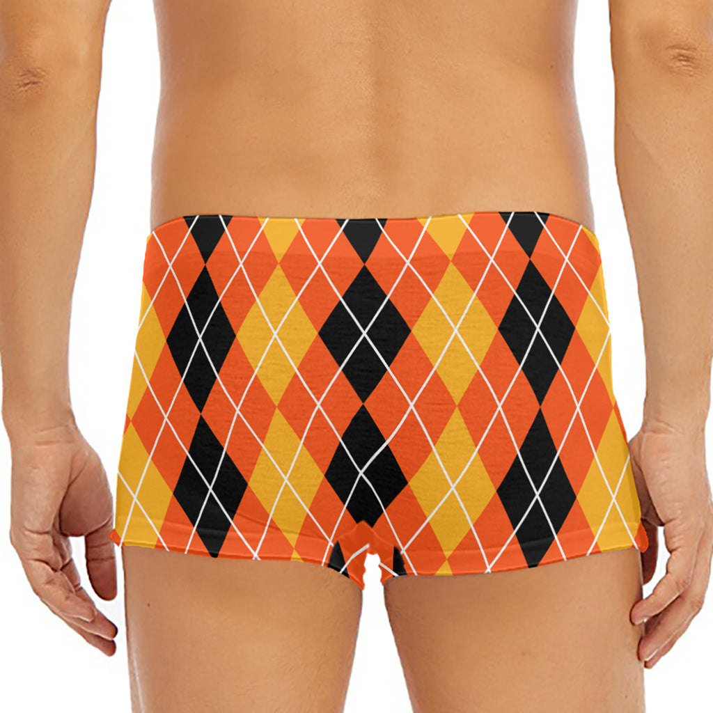 Black And Orange Argyle Pattern Print Men's Short Boxer Briefs