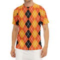Black And Orange Argyle Pattern Print Men's Short Sleeve Rash Guard