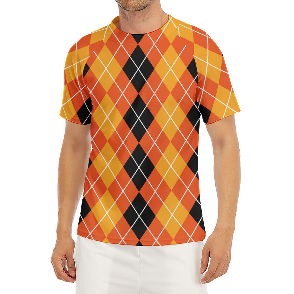 Black And Orange Argyle Pattern Print Men's Short Sleeve Rash Guard