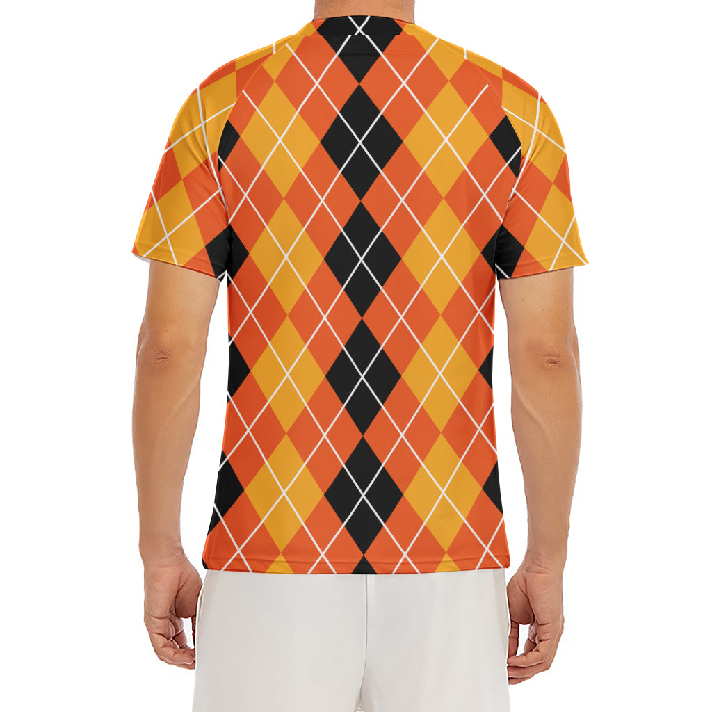 Black And Orange Argyle Pattern Print Men's Short Sleeve Rash Guard