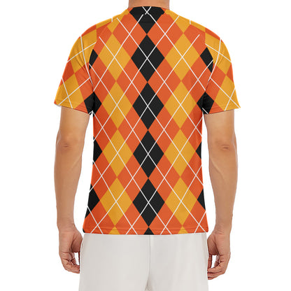 Black And Orange Argyle Pattern Print Men's Short Sleeve Rash Guard