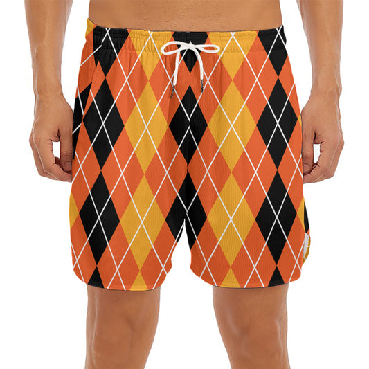 Black And Orange Argyle Pattern Print Men's Split Running Shorts