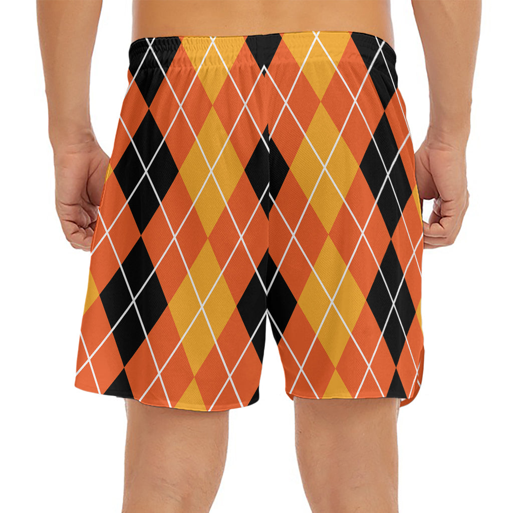 Black And Orange Argyle Pattern Print Men's Split Running Shorts