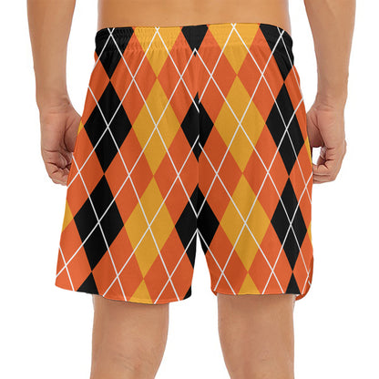 Black And Orange Argyle Pattern Print Men's Split Running Shorts