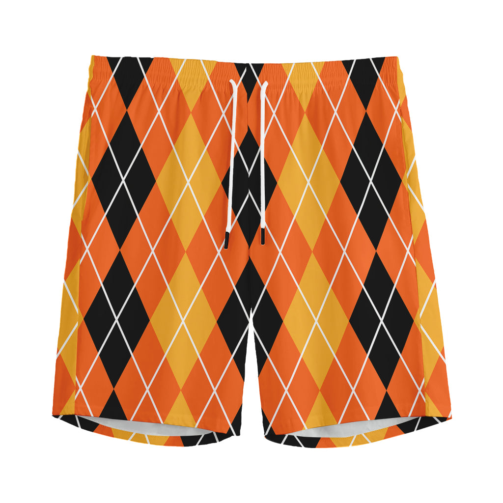 Black And Orange Argyle Pattern Print Men's Sports Shorts