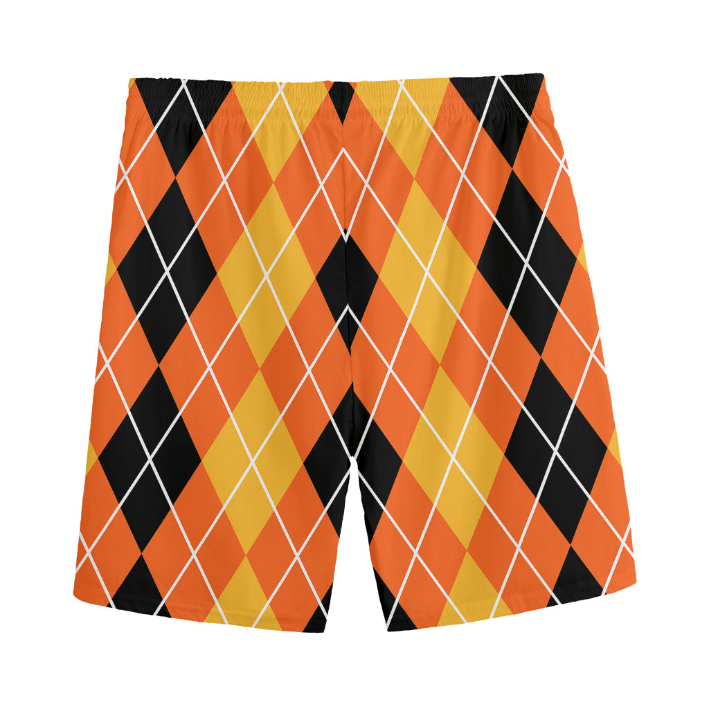 Black And Orange Argyle Pattern Print Men's Sports Shorts
