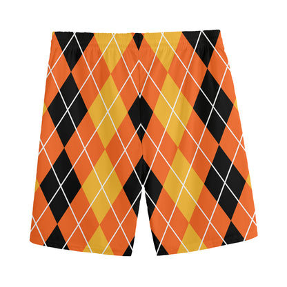Black And Orange Argyle Pattern Print Men's Sports Shorts