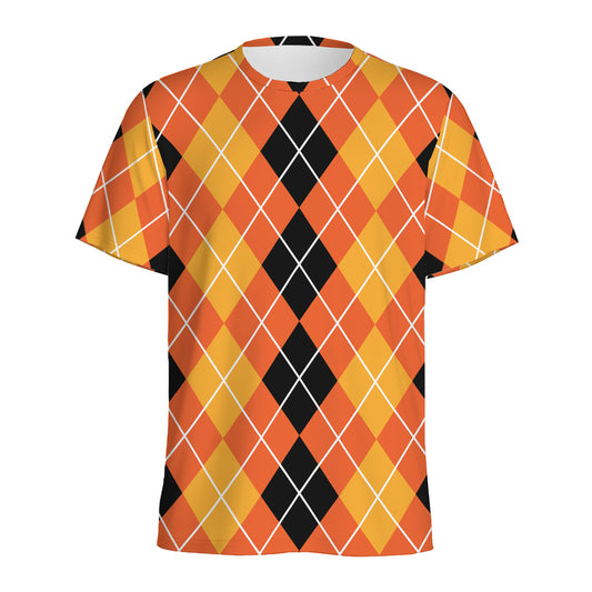 Black And Orange Argyle Pattern Print Men's Sports T-Shirt