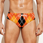 Black And Orange Argyle Pattern Print Men's Swim Briefs