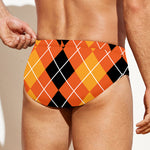 Black And Orange Argyle Pattern Print Men's Swim Briefs