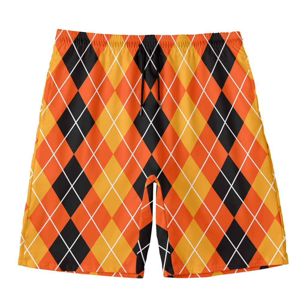 Black And Orange Argyle Pattern Print Men's Swim Trunks