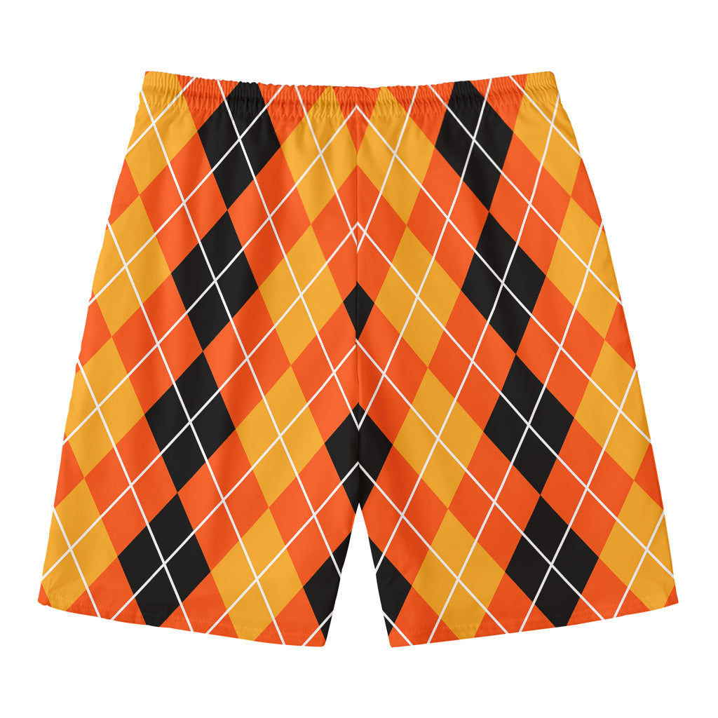 Black And Orange Argyle Pattern Print Men's Swim Trunks