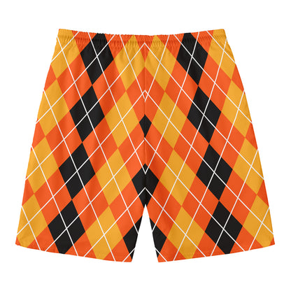 Black And Orange Argyle Pattern Print Men's Swim Trunks
