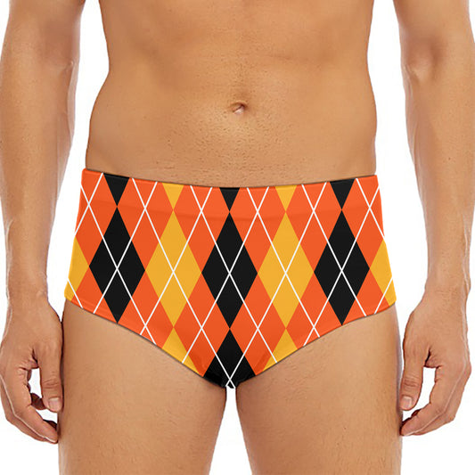 Black And Orange Argyle Pattern Print Men's Triangle Swim Briefs
