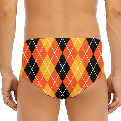 Black And Orange Argyle Pattern Print Men's Triangle Swim Briefs