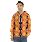 Black And Orange Argyle Pattern Print Men's Velvet Pullover Hoodie