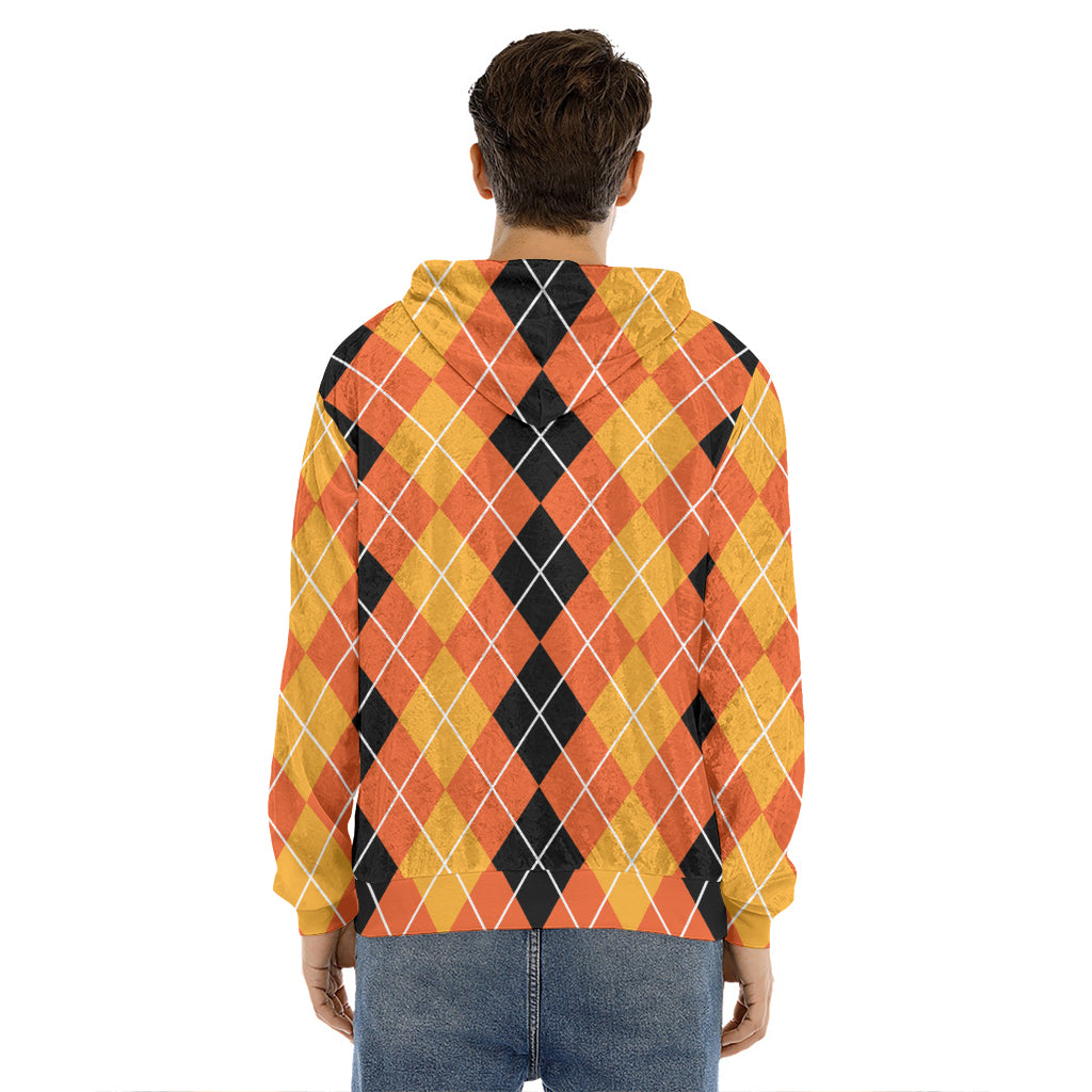 Black And Orange Argyle Pattern Print Men's Velvet Pullover Hoodie