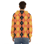 Black And Orange Argyle Pattern Print Men's Velvet Pullover Hoodie