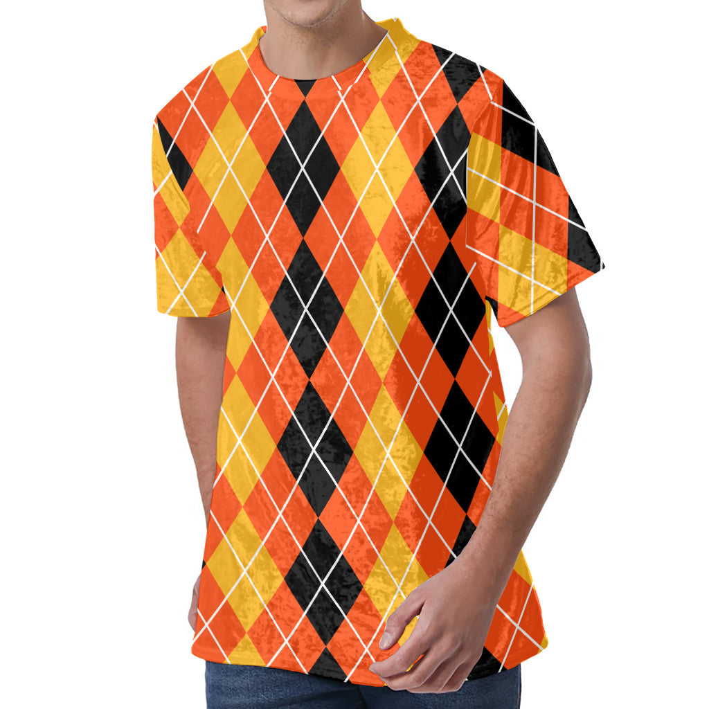 Black And Orange Argyle Pattern Print Men's Velvet T-Shirt