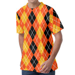 Black And Orange Argyle Pattern Print Men's Velvet T-Shirt