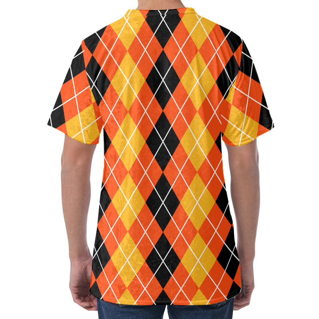 Black And Orange Argyle Pattern Print Men's Velvet T-Shirt