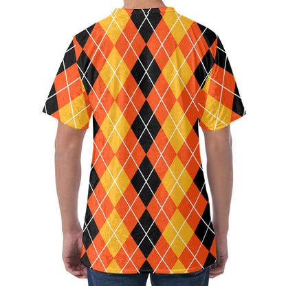 Black And Orange Argyle Pattern Print Men's Velvet T-Shirt
