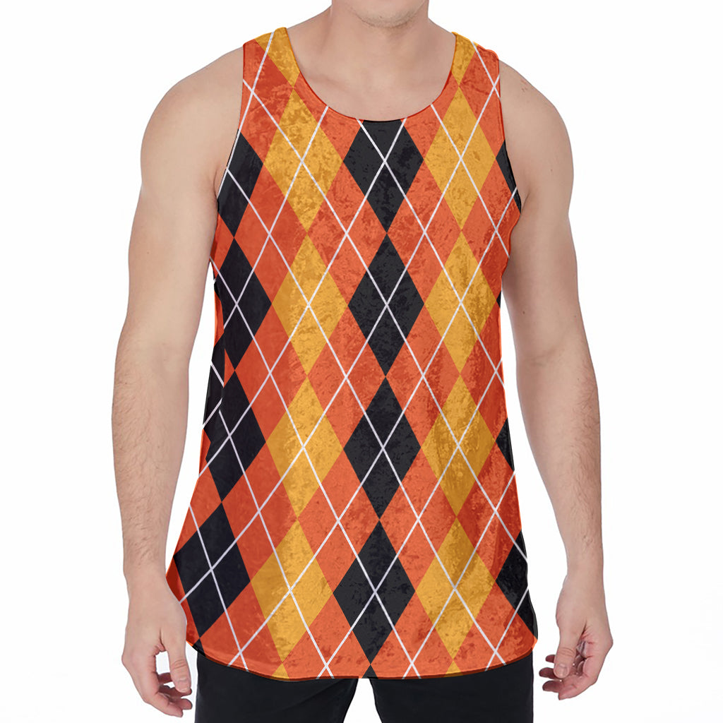 Black And Orange Argyle Pattern Print Men's Velvet Tank Top
