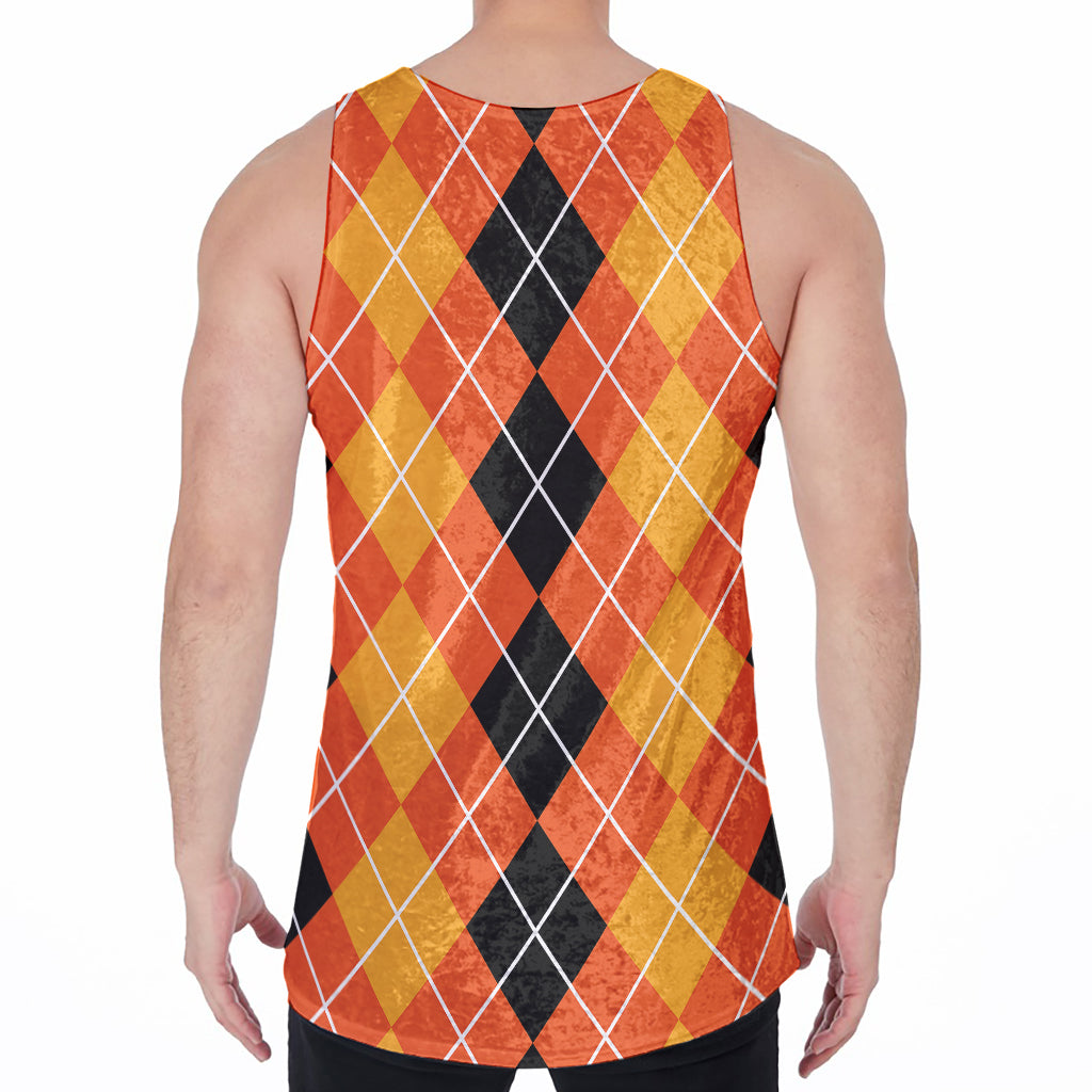 Black And Orange Argyle Pattern Print Men's Velvet Tank Top