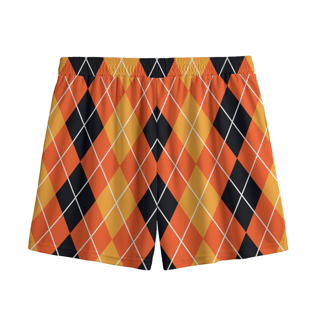 Black And Orange Argyle Pattern Print Mesh Shorts