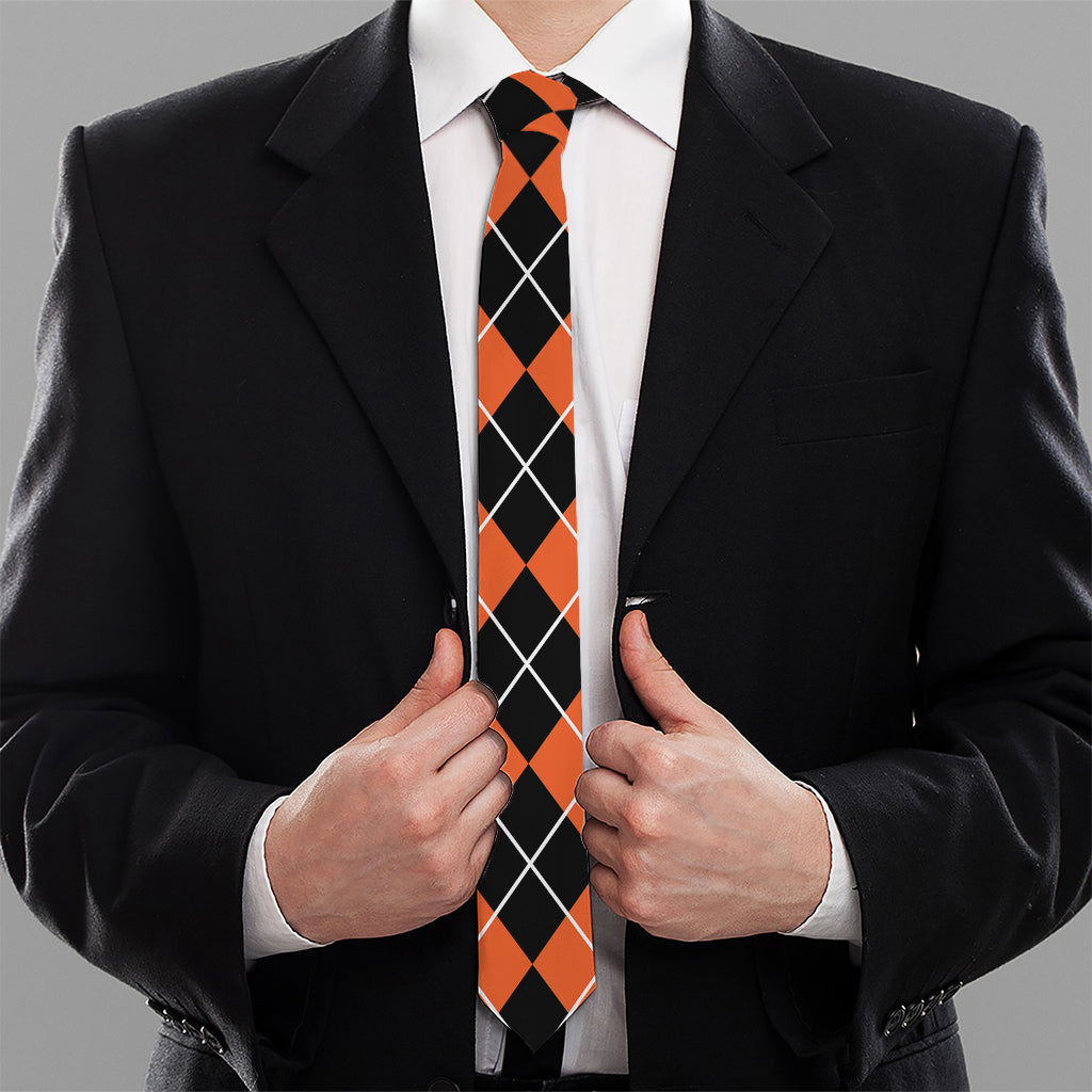 Black And Orange Argyle Pattern Print Necktie