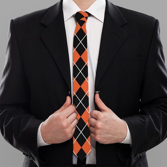 Black And Orange Argyle Pattern Print Necktie