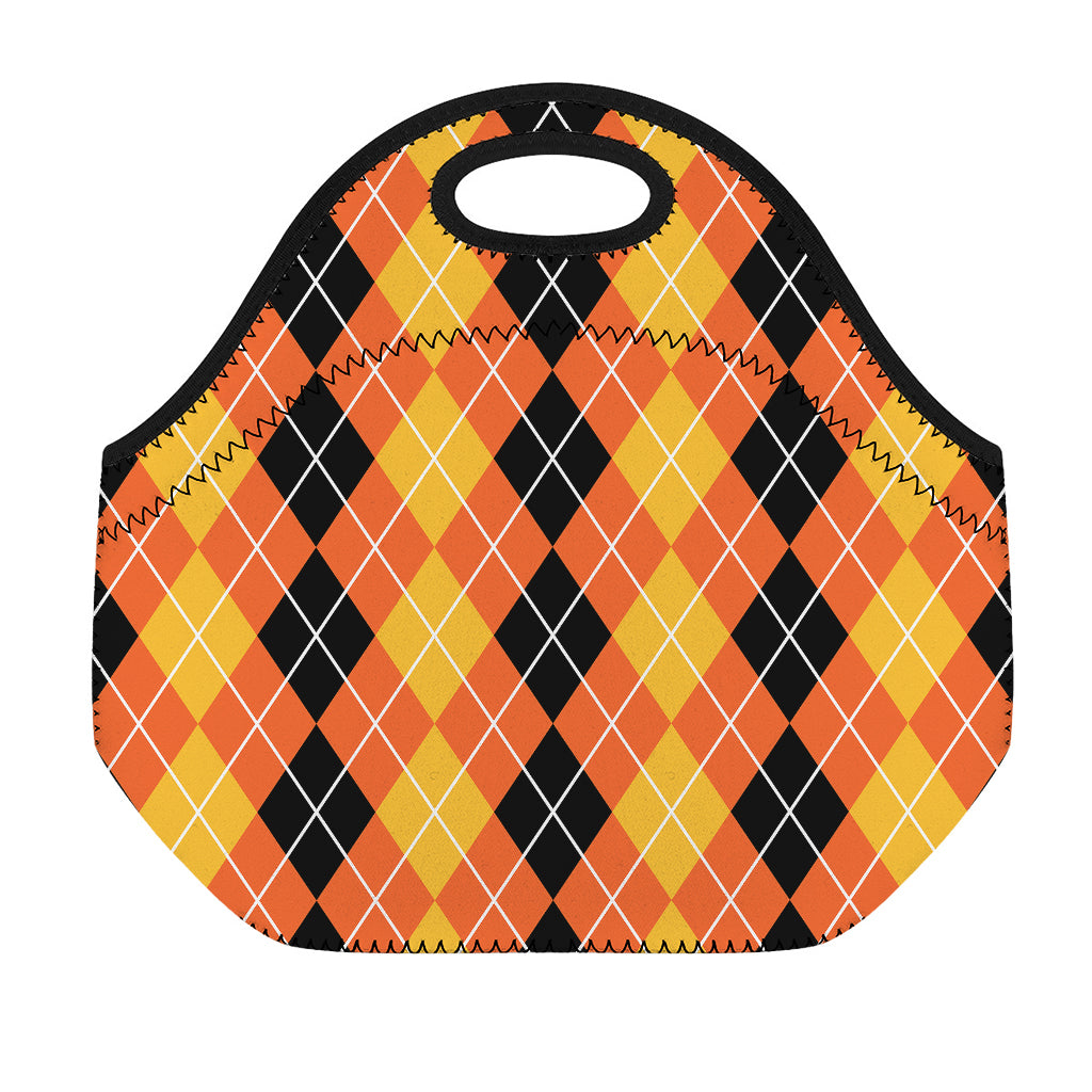 Black And Orange Argyle Pattern Print Neoprene Lunch Bag
