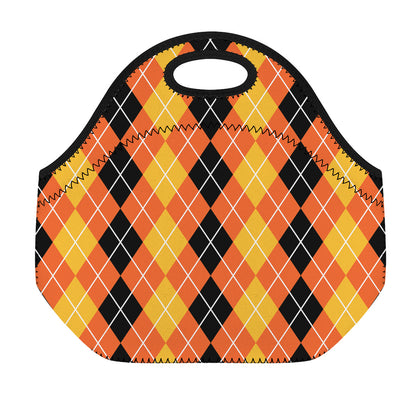Black And Orange Argyle Pattern Print Neoprene Lunch Bag