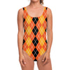 Black And Orange Argyle Pattern Print One Piece Swimsuit