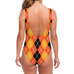 Black And Orange Argyle Pattern Print One Piece Swimsuit