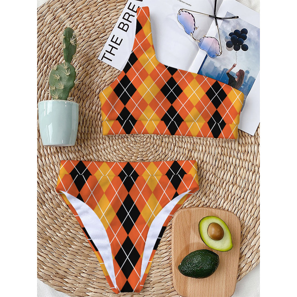 Black And Orange Argyle Pattern Print One Shoulder Bikini Top