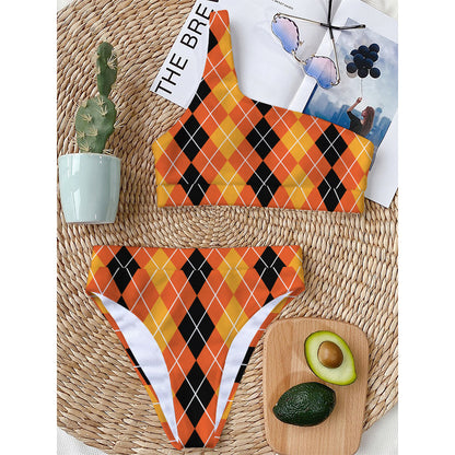 Black And Orange Argyle Pattern Print One Shoulder Bikini Top
