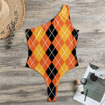 Black And Orange Argyle Pattern Print One Shoulder Bodysuit