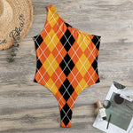 Black And Orange Argyle Pattern Print One Shoulder Bodysuit