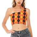 Black And Orange Argyle Pattern Print One Shoulder Crop Top