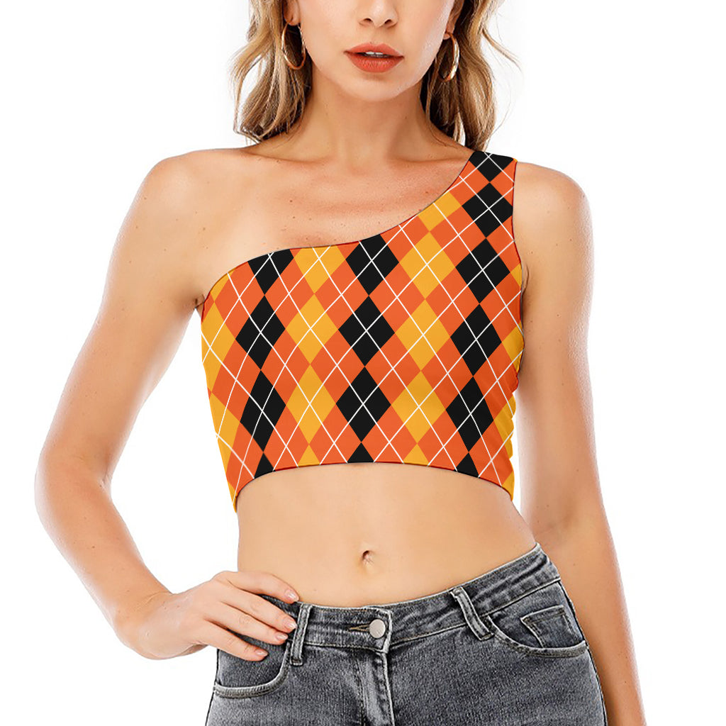 Black And Orange Argyle Pattern Print One Shoulder Crop Top