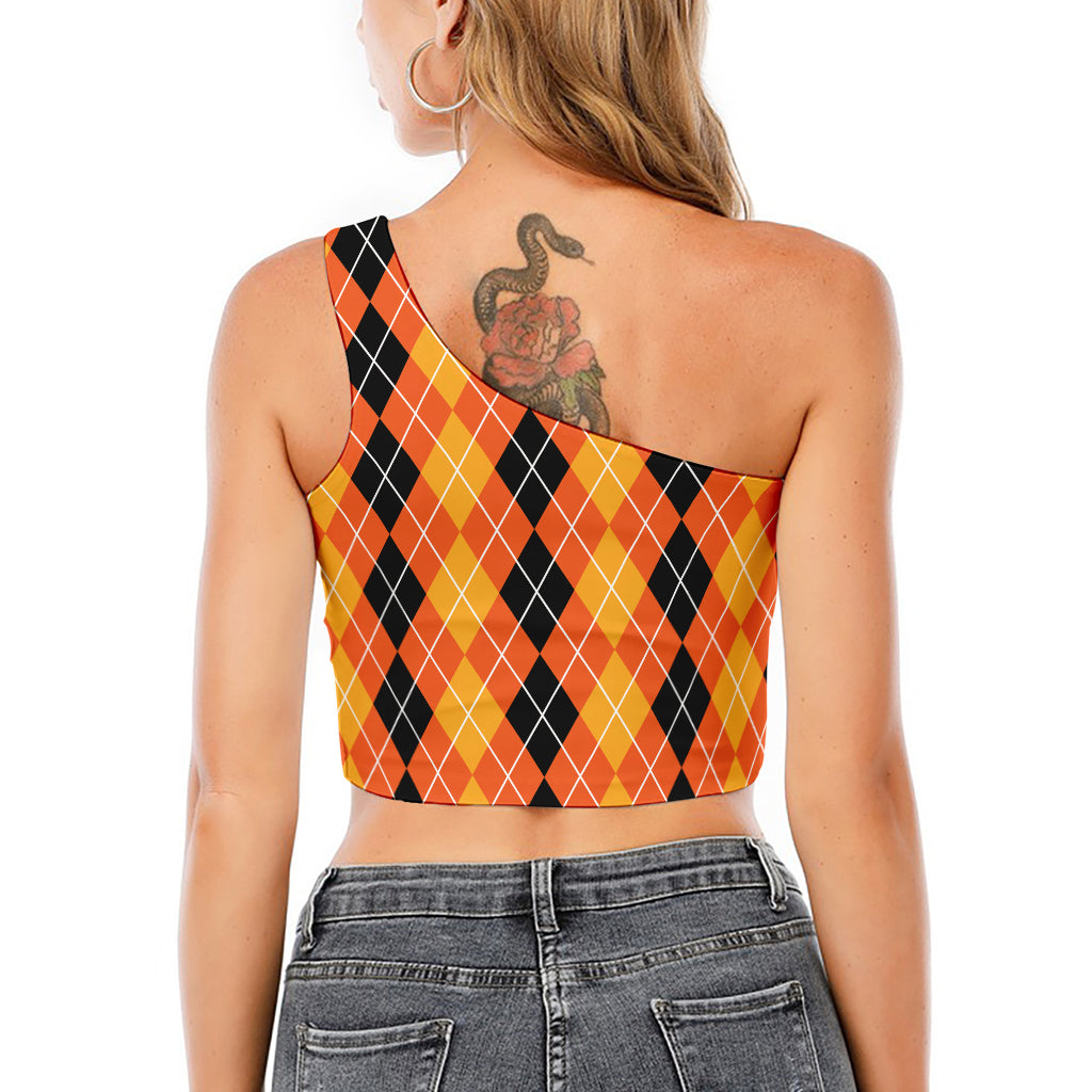 Black And Orange Argyle Pattern Print One Shoulder Crop Top